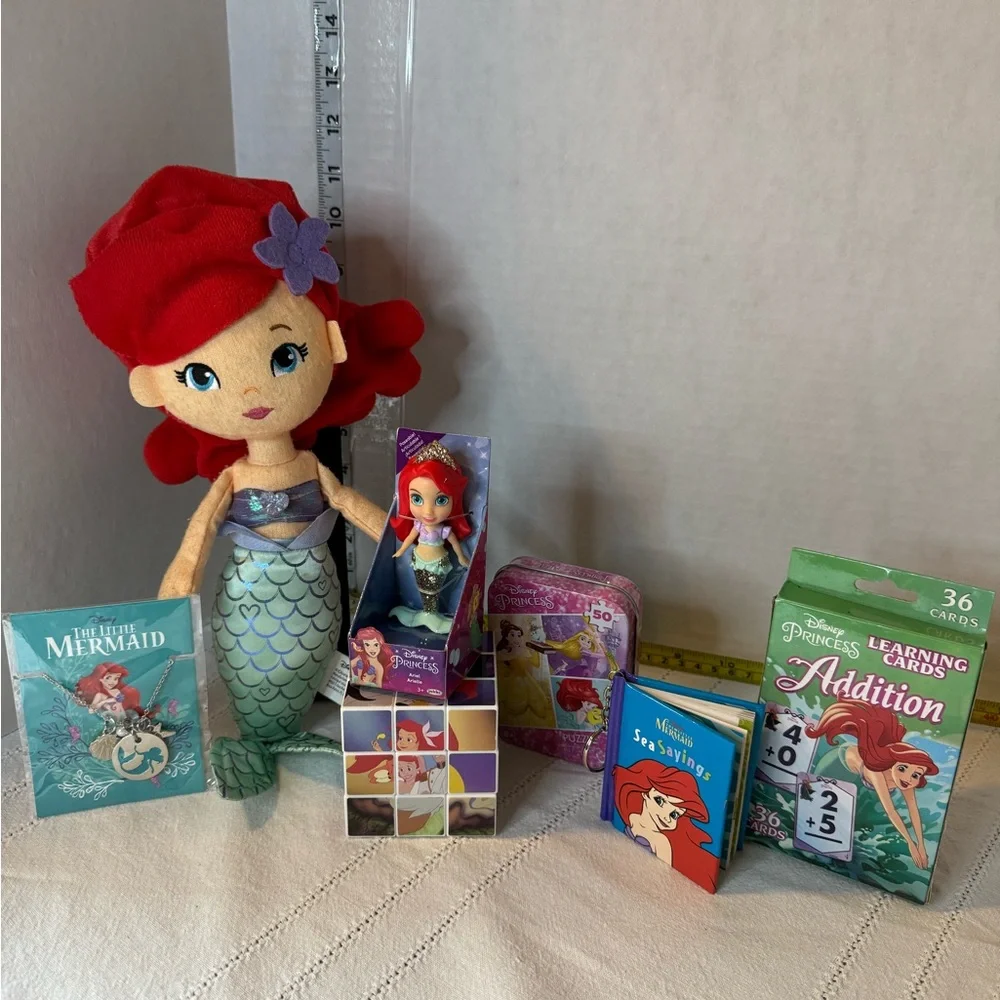Disney ARIEL BUNDLE 7 pcs set plush doll necklace puzzle cards keychain + more
